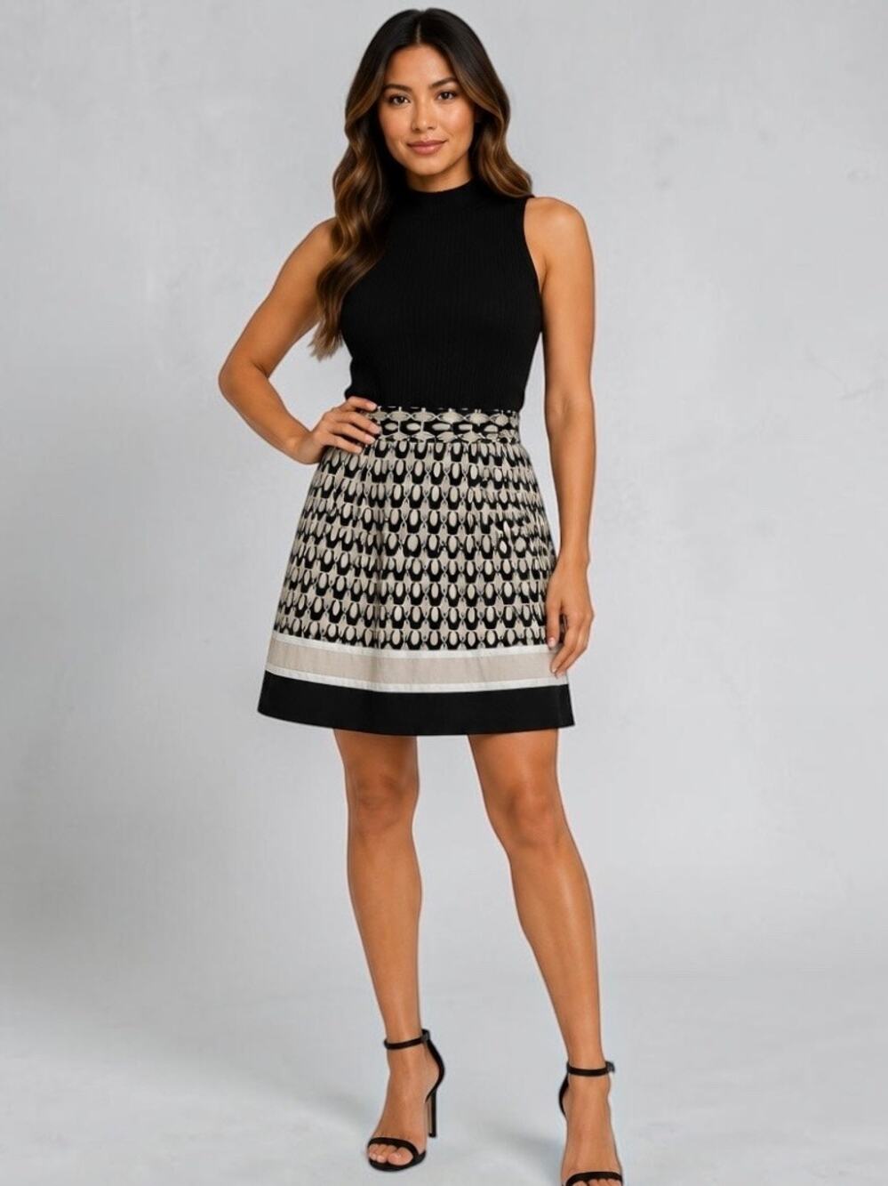 Ann Taylor Black Beige Box Pleat Cotton A-Line Skirt Size 6 Petite